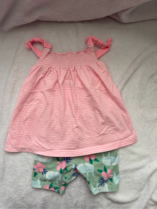 Carter's Other - Carter's Light Pink Striped Faux Tie-Shoulder Tank Top & Floral Elephant Shorts